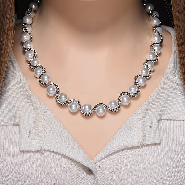White Shell Pearl Twilight Waves Necklace In Stainless Steel 19.5-21.5 Inches