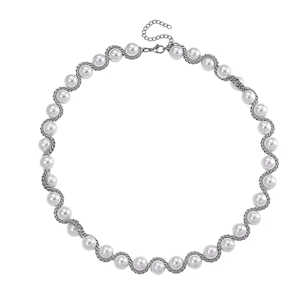 White Shell Pearl Twilight Waves Necklace In Stainless Steel 19.5-21.5 Inches