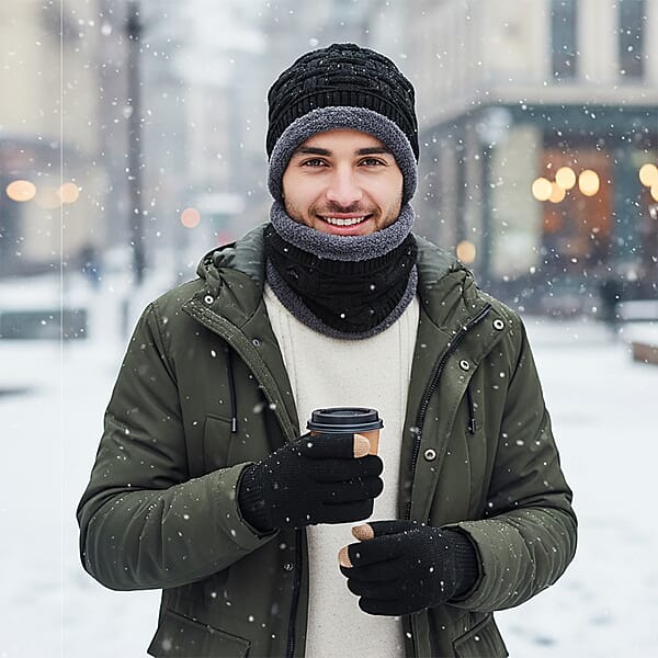 Winter Thick Fleece Lined Beanie Cap Hat Neck Warmer Scarf And Touch Screen Supported Mittens Gloves - Black (3pcs Set)