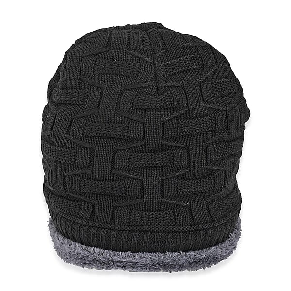 Winter Thick Fleece Lined Beanie Cap Hat Neck Warmer Scarf And Touch Screen Supported Mittens Gloves - Black (3pcs Set)
