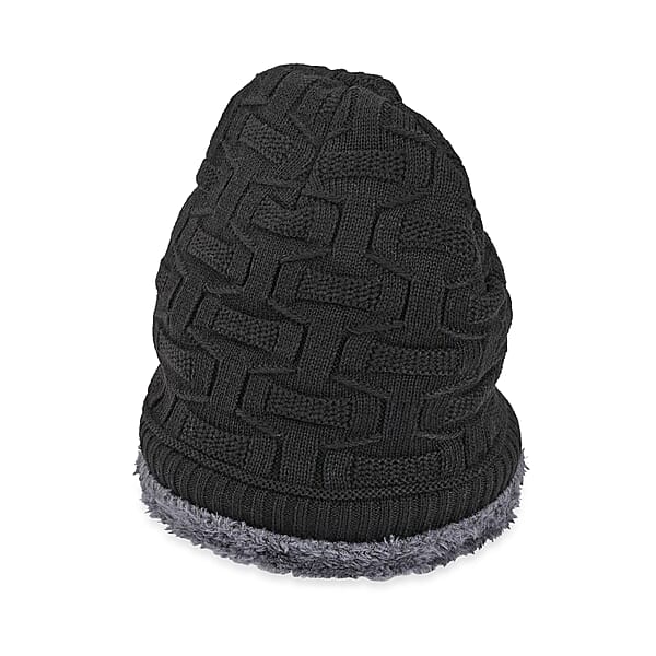 Winter Thick Fleece Lined Beanie Cap Hat Neck Warmer Scarf And Touch Screen Supported Mittens Gloves - Black (3pcs Set)