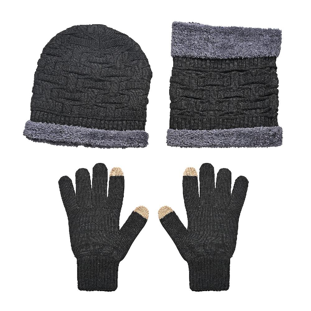 Winter Thick Fleece Lined Beanie Cap Hat Neck Warmer Scarf and Touch Screen Supported Mittens Gloves - Black (3pcs Set)
