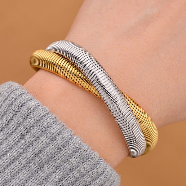 Wrap Texture 2 Row Bracelet In ION Plated YG And Stainless Steel (7.50-9.50In)