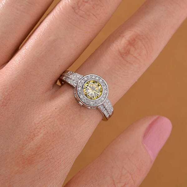 Yellow And White Moissanite 2.65 Ctw Interchangeable Halo Ring In Rhodium Over Sterling Silver