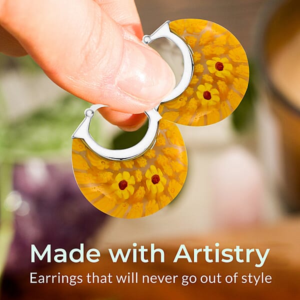 Yellow Murano Style Basket Earrings In Stainless Steel With Lifetime Guarantee