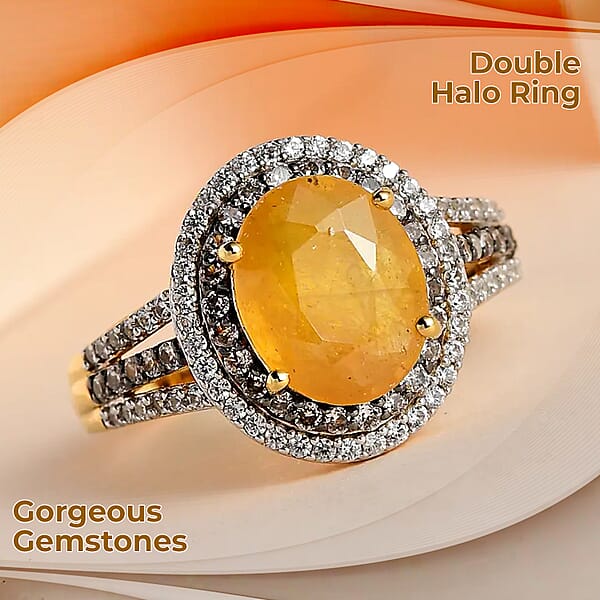 Yellow Sapphire Double Halo Ring In Vermeil Yellow Gold Over Sterling Silver White And Champagne Zircon Accent Ring Sapphire Jewelry Gift For Her 5.00 Ctw