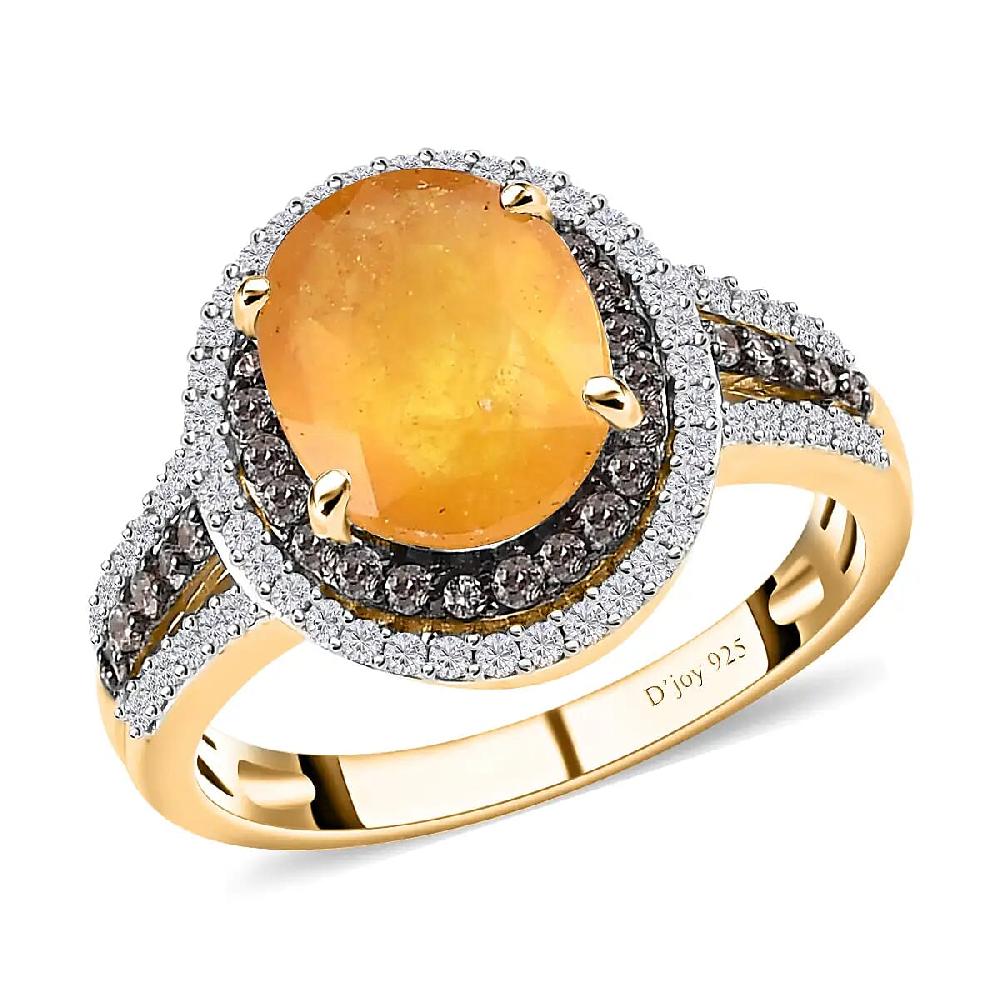 Yellow Sapphire Double Halo Ring in Vermeil Yellow Gold Over Sterling Silver White and Champagne Zircon Accent Ring Sapphire Jewelry Gift For Her 5.00 ctw