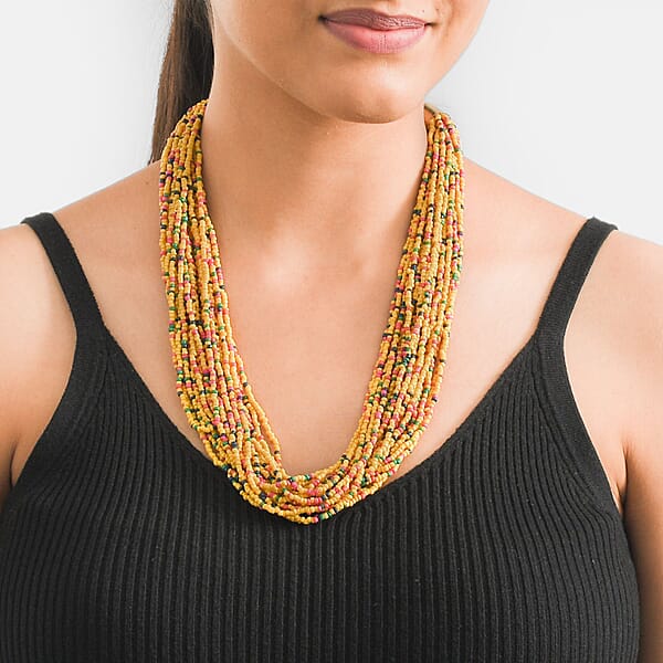 Yellow Seed Beaded Multi Layered Necklace 20-22 Inches In Goldtone