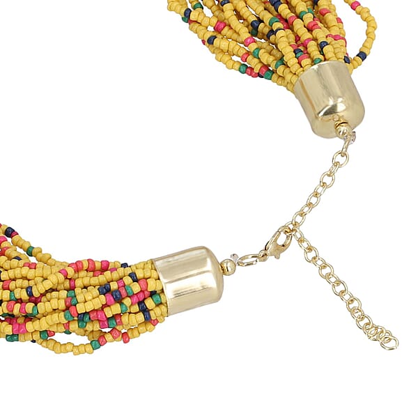 Yellow Seed Beaded Multi Layered Necklace 20-22 Inches In Goldtone