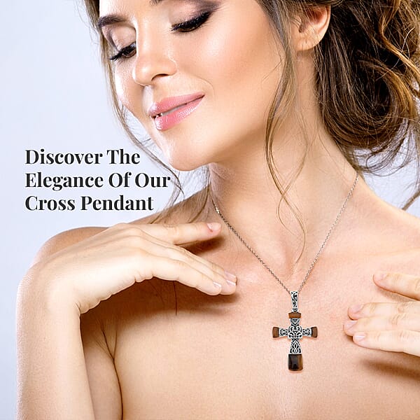 Yellow Tiger Eye 7.10 Ctw Inlay Cross Pendant Necklace In Stainless Steel 24 Inches