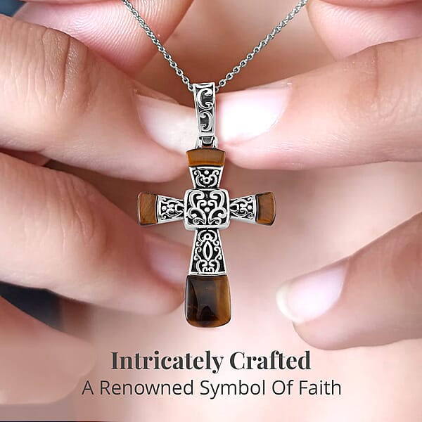 Yellow Tiger Eye 7.10 Ctw Inlay Cross Pendant Necklace In Stainless Steel 24 Inches