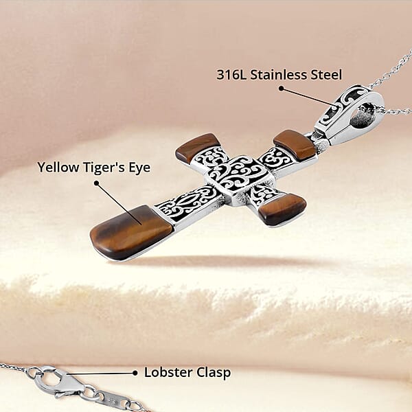 Yellow Tiger Eye 7.10 Ctw Inlay Cross Pendant Necklace In Stainless Steel 24 Inches