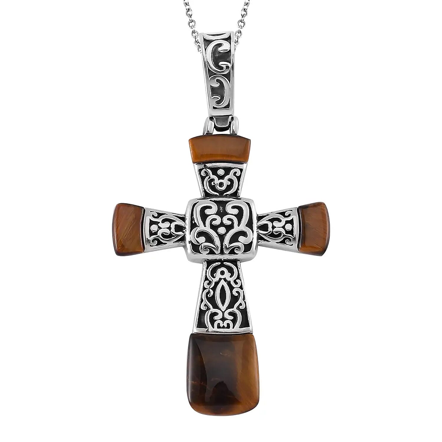 Yellow Tiger Eye 7.10 ctw Inlay Cross Pendant Necklace in Stainless Steel 24 Inches