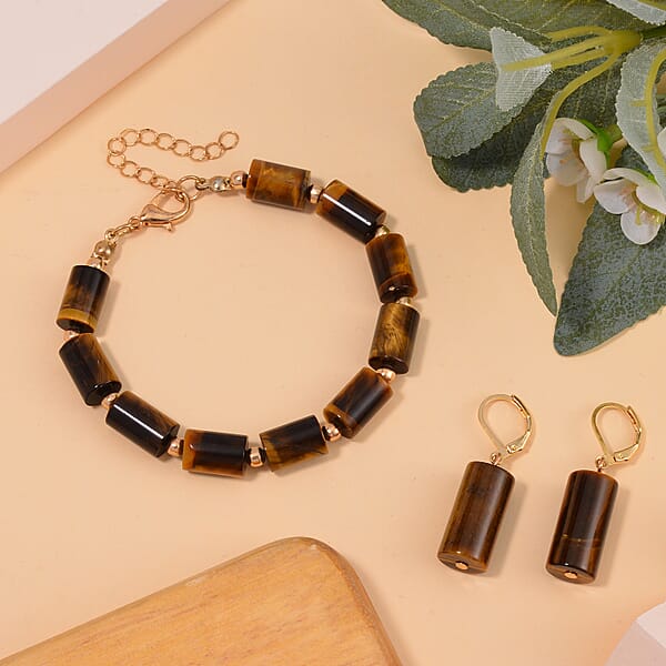 Yellow Tiger's Eye 136.40 Ctw Bracelet (7.00-9.00In) And Lever Back Earrings In Rosetone