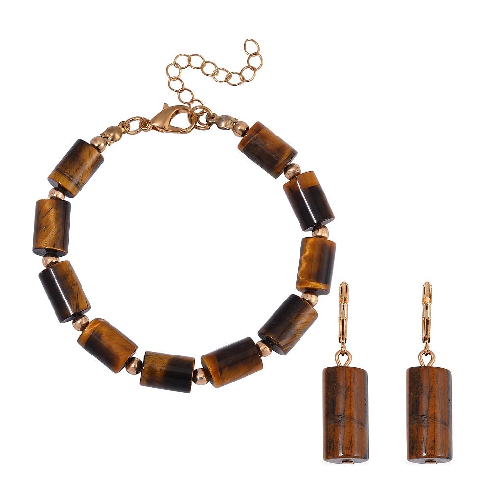 Yellow Tiger's Eye 136.40 ctw Bracelet (7.00-9.00In) and Lever Back Earrings in Rosetone