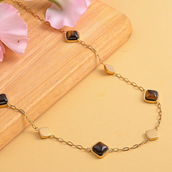 Yellow Tiger's Eye 32.00 Ctw Paper Clip Chain Station Necklace In ION Plated YG Stainless Steel 20-22 Inches Tarnish-Free Waterproof Sweat Proof Jewelry