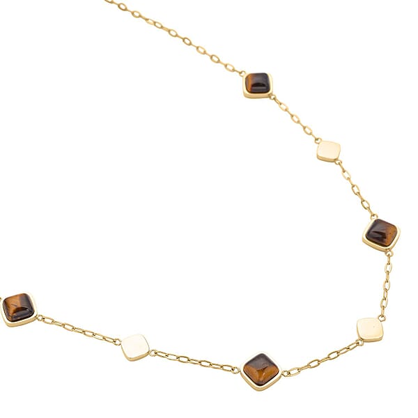 Yellow Tiger's Eye 32.00 Ctw Paper Clip Chain Station Necklace In ION Plated YG Stainless Steel 20-22 Inches Tarnish-Free Waterproof Sweat Proof Jewelry