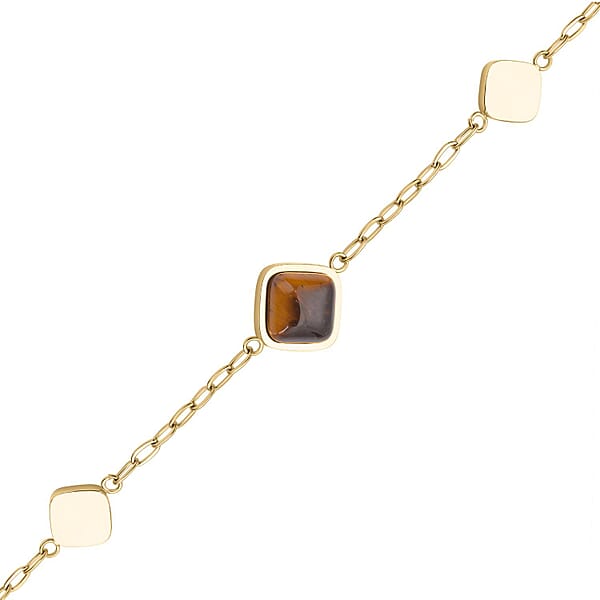 Yellow Tiger's Eye 32.00 Ctw Paper Clip Chain Station Necklace In ION Plated YG Stainless Steel 20-22 Inches Tarnish-Free Waterproof Sweat Proof Jewelry
