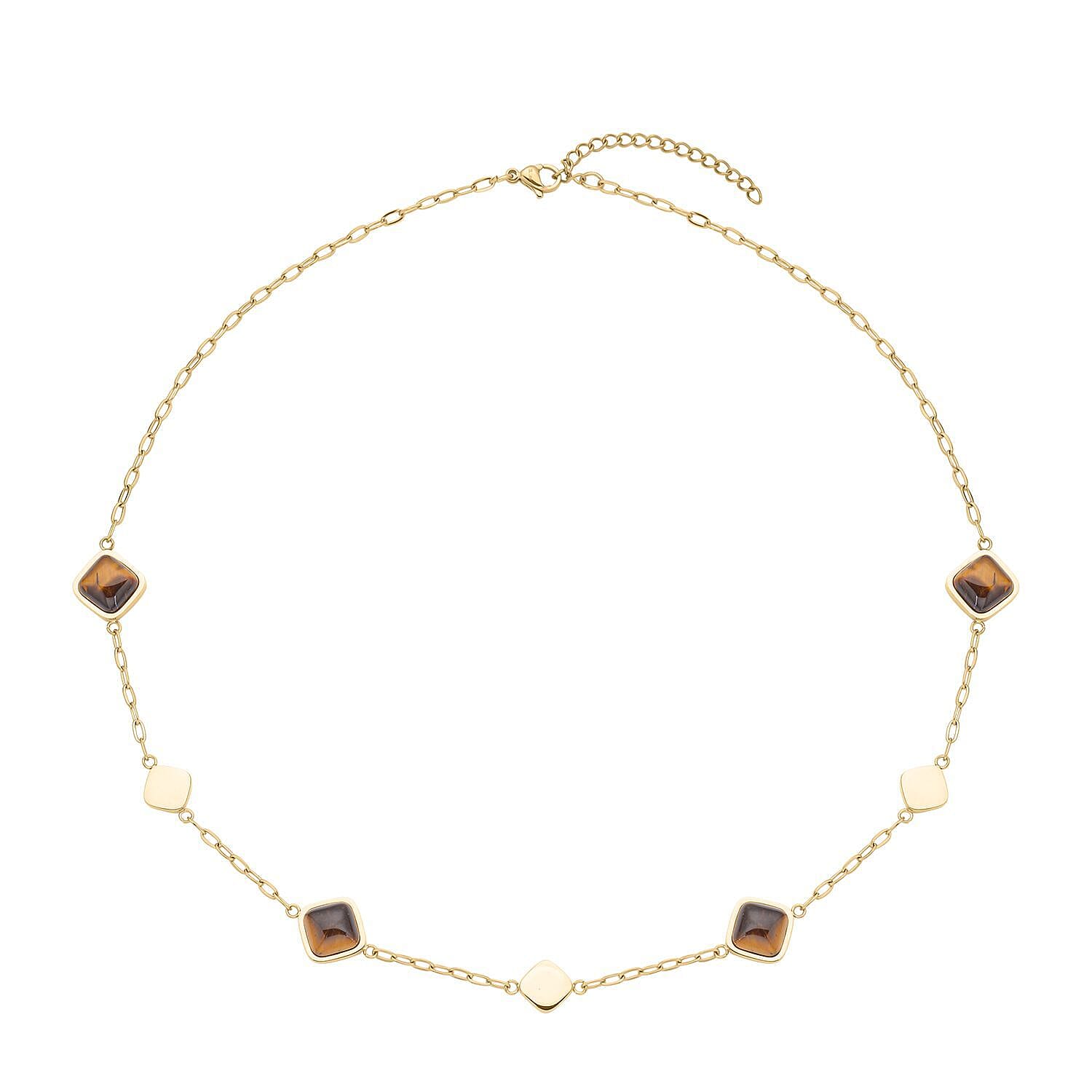 Yellow Tiger's Eye 32.00 ctw Paper Clip Chain Station Necklace in ION Plated YG Stainless Steel 20-22 Inches Tarnish-Free Waterproof Sweat Proof Jewelry