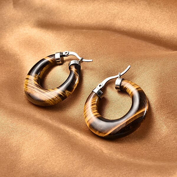 Yellow Tiger's Eye 47.00 Ctw Hoop Earrings In Stainless Steel