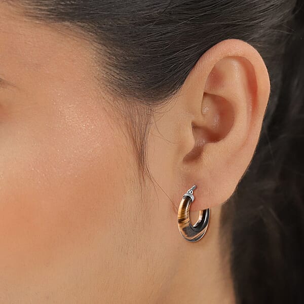 Yellow Tiger's Eye 47.00 Ctw Hoop Earrings In Stainless Steel