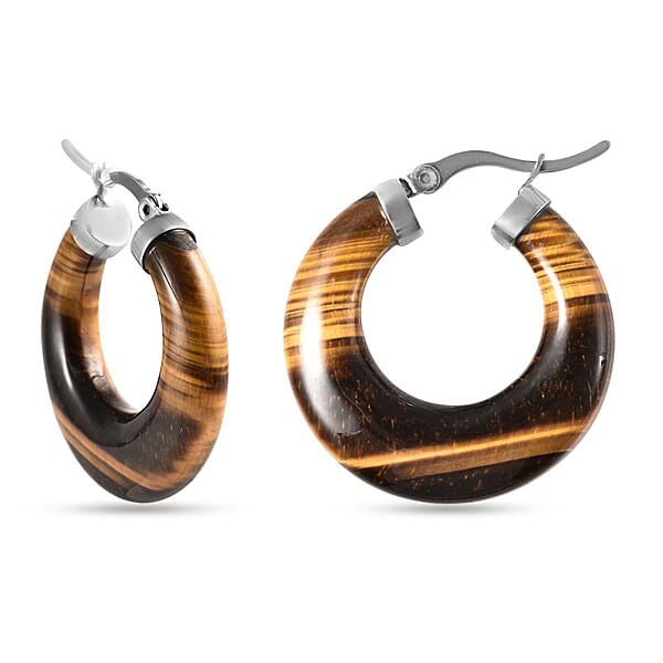 Yellow Tiger's Eye 47.00 Ctw Hoop Earrings In Stainless Steel