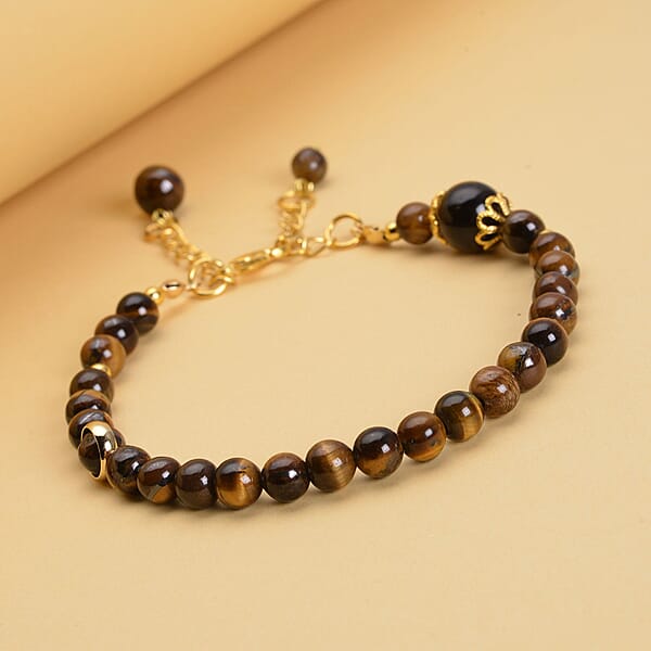 Yellow Tiger's Eye 56.50 Ctw 6-10mm Beaded Anklet In Goldtone (8-9.5In)