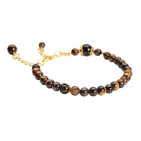Yellow Tiger's Eye 56.50 Ctw 6-10mm Beaded Anklet In Goldtone (8-9.5In)
