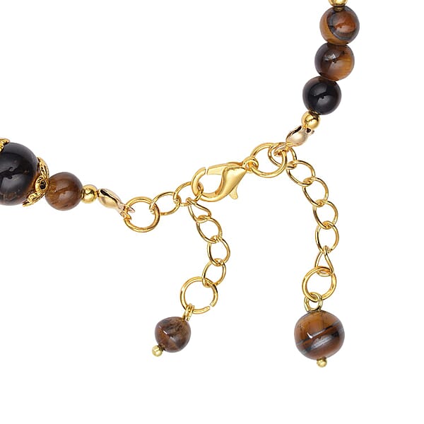 Yellow Tiger's Eye 56.50 Ctw 6-10mm Beaded Anklet In Goldtone (8-9.5In)