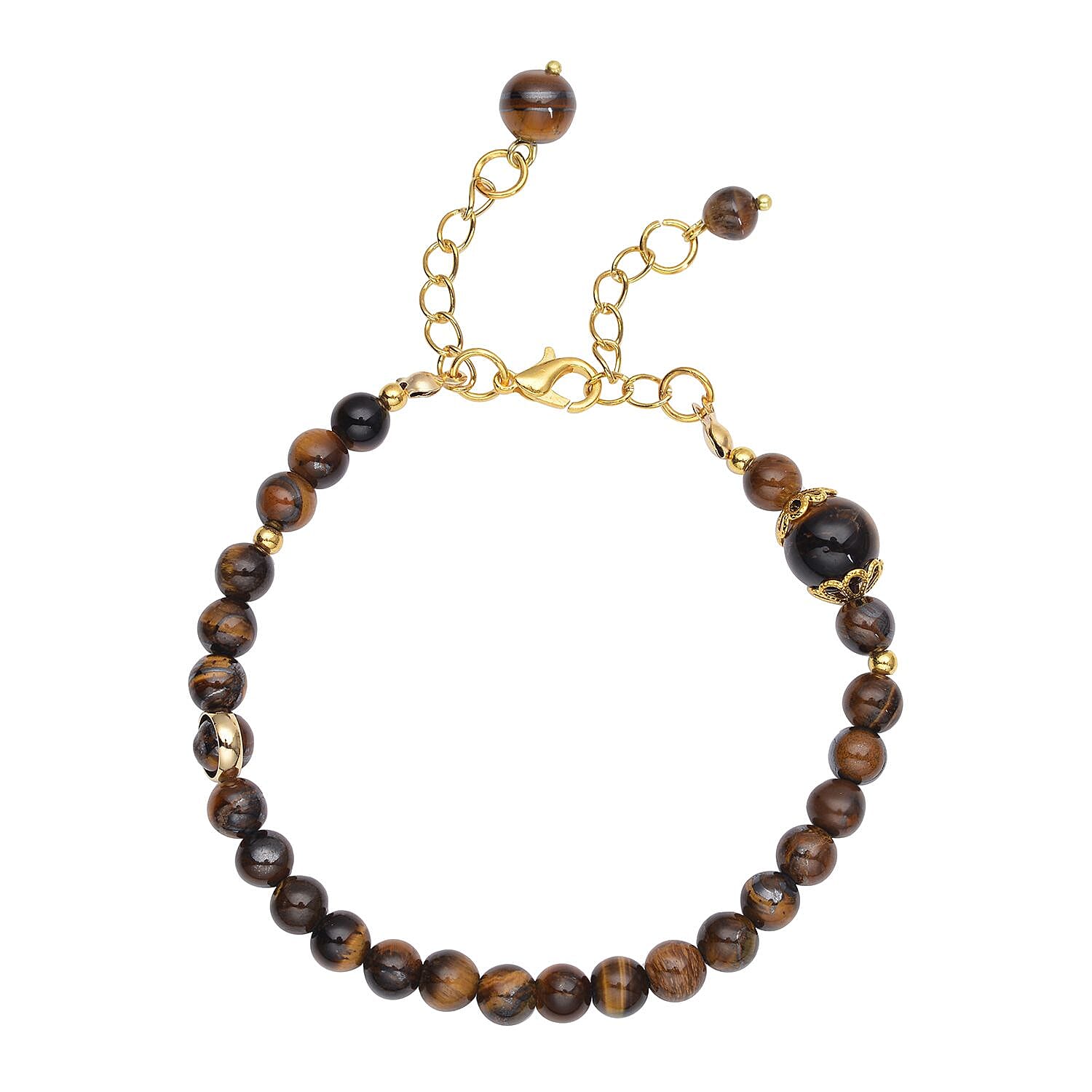 Yellow Tiger's Eye 56.50 ctw 6-10mm Beaded Anklet in Goldtone (8-9.5In)