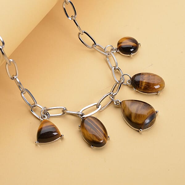 Yellow Tiger's Eye 66.00 Ctw Five Stone Pendant Necklace In Silvertone And Stainless Steel 19.5-21.5 Inches Tarnish-Free Waterproof Sweat Proof Jewelry