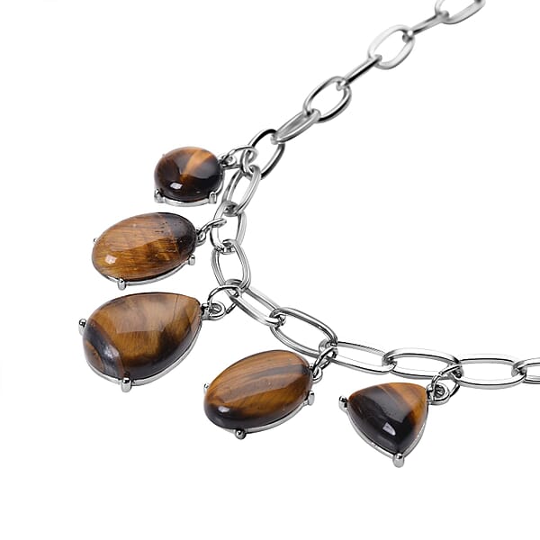 Yellow Tiger's Eye 66.00 Ctw Five Stone Pendant Necklace In Silvertone And Stainless Steel 19.5-21.5 Inches Tarnish-Free Waterproof Sweat Proof Jewelry