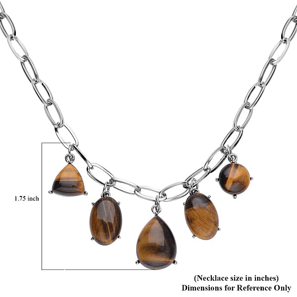 Yellow Tiger's Eye 66.00 Ctw Five Stone Pendant Necklace In Silvertone And Stainless Steel 19.5-21.5 Inches Tarnish-Free Waterproof Sweat Proof Jewelry