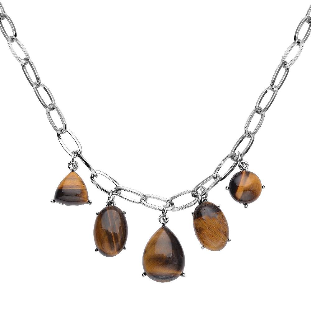 Yellow Tiger's Eye 66.00 ctw Five Stone Pendant Necklace in Silvertone and Stainless Steel 19.5-21.5 Inches Tarnish-Free Waterproof Sweat Proof Jewelry