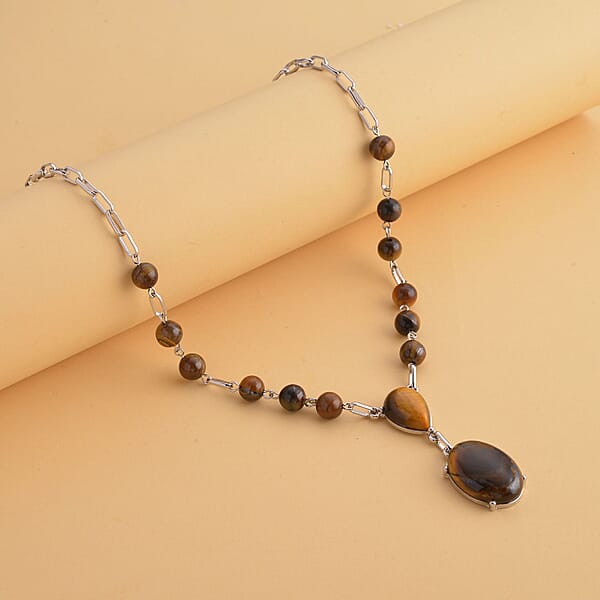 Yellow Tiger's Eye 70.00 Ctw Necklace In Silvertone 18-20 Inches