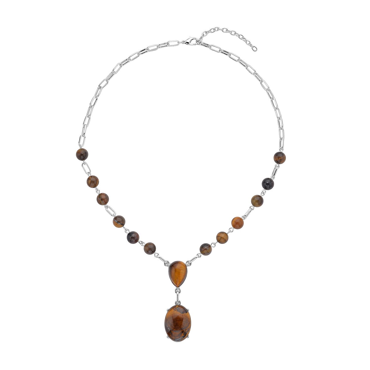Yellow Tiger's Eye 70.00 ctw Necklace in Silvertone 18-20 Inches