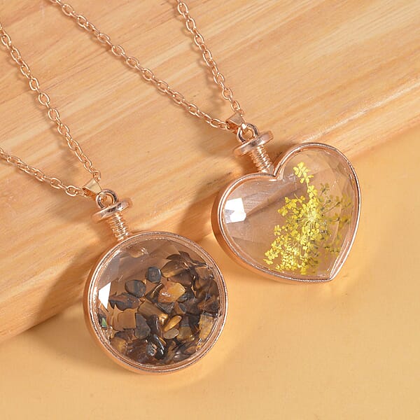 Yellow Tiger's Eye And Glass 2.50 Ctw Set Of 2 Nature And Earth Pendant Necklace In Rosetone 24 Inches