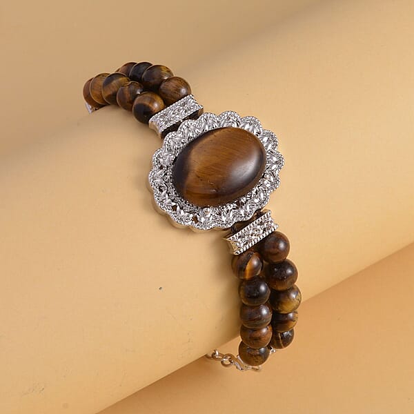 Yellow Tiger's Eye Beaded Bracelet In Silvertone 45.00 Ctw (6.50-8.00In)