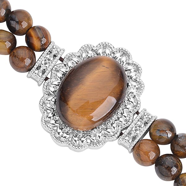 Yellow Tiger's Eye Beaded Bracelet In Silvertone 45.00 Ctw (6.50-8.00In)