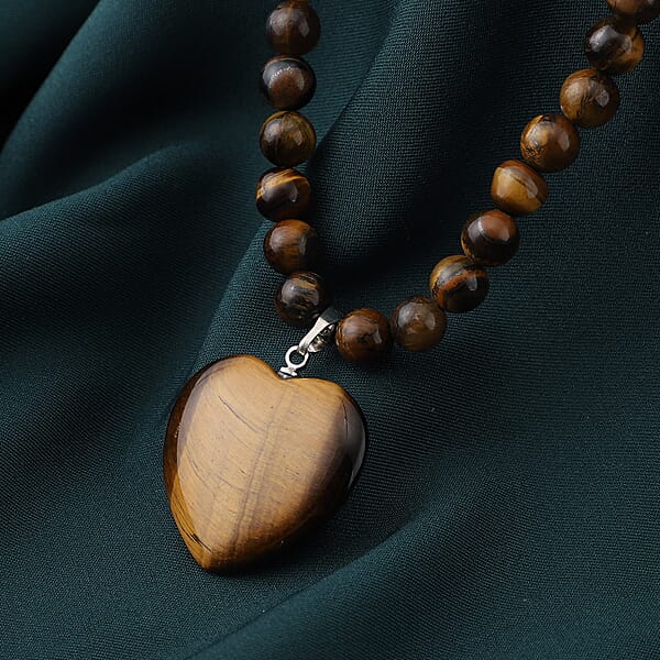 Yellow Tiger's Eye Beaded Necklace With Heart Pendant 18-20 Inches In Silvertone 154.50 Ctw