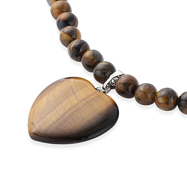 Yellow Tiger's Eye Beaded Necklace With Heart Pendant 18-20 Inches In Silvertone 154.50 Ctw