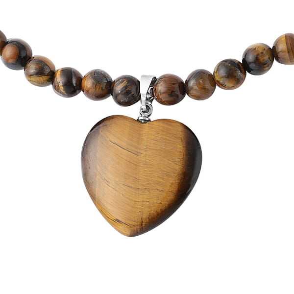Yellow Tiger's Eye Beaded Necklace With Heart Pendant 18-20 Inches In Silvertone 154.50 Ctw