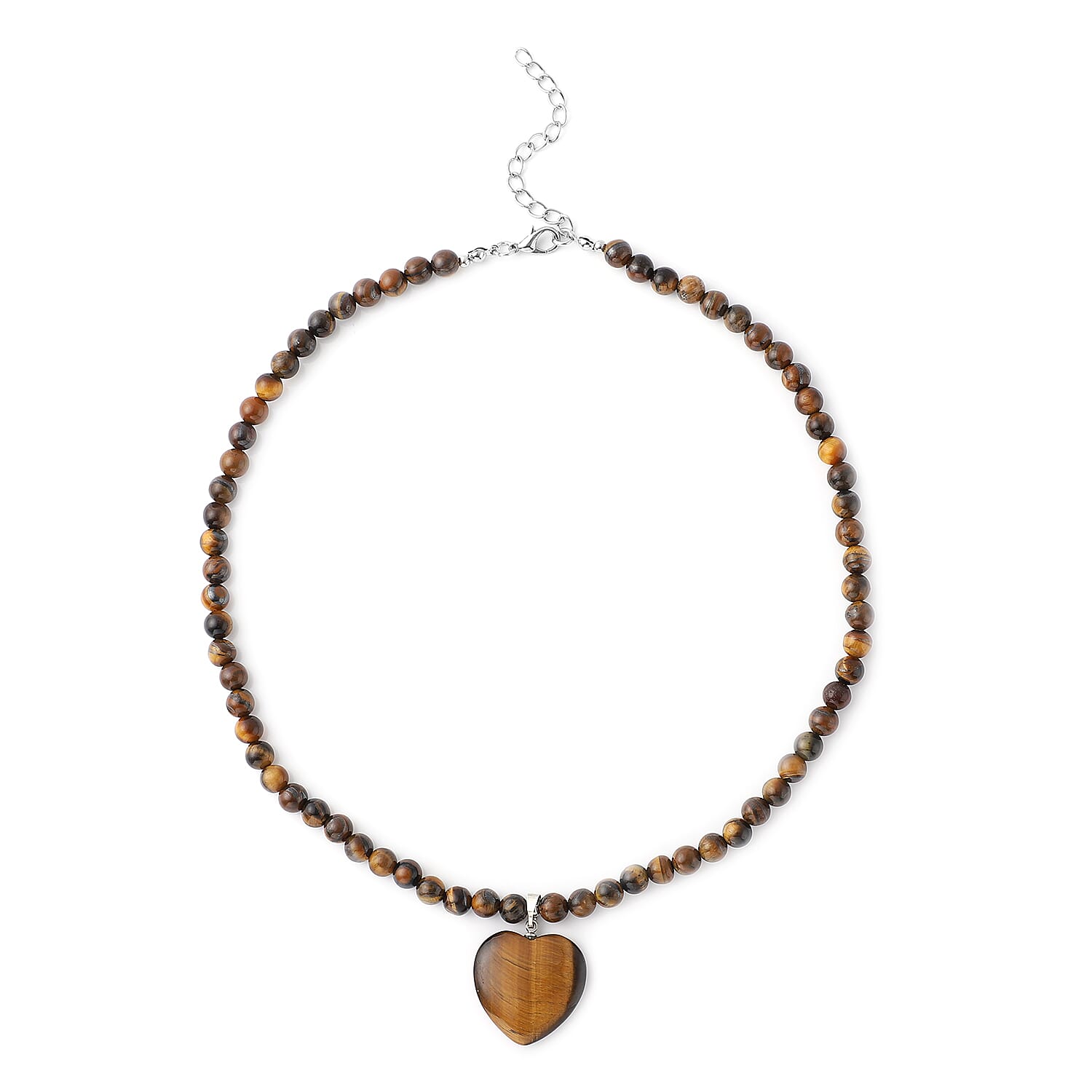 Yellow Tiger's Eye Beaded Necklace with Heart Pendant 18-20 Inches in Silvertone 154.50 ctw