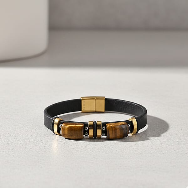 Yellow Tigers Eye 10.00 Ctw Microfiber Leather Bracelet In ION Plated YG Stainless Steel (8.00 In)