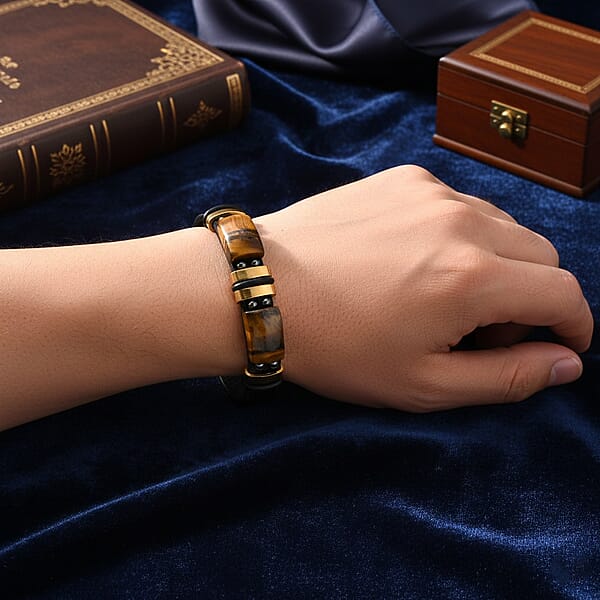 Yellow Tigers Eye 10.00 Ctw Microfiber Leather Bracelet In ION Plated YG Stainless Steel (8.00 In)
