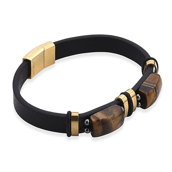 Yellow Tigers Eye 10.00 Ctw Microfiber Leather Bracelet In ION Plated YG Stainless Steel (8.00 In)