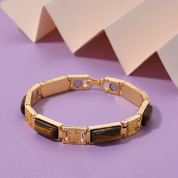 Yellow Tigers Eye 16.00 Ctw Bracelet In Goldtone (7.25 In)