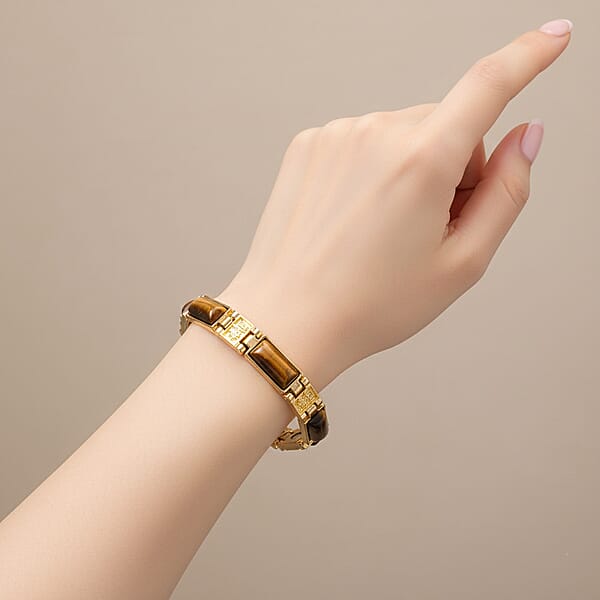 Yellow Tigers Eye 16.00 Ctw Bracelet In Goldtone (7.25 In)