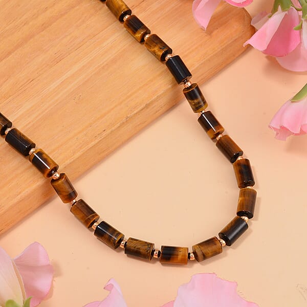 Yellow Tigers Eye 204.00 Ctw Necklace In Goldtone 18-20 Inches