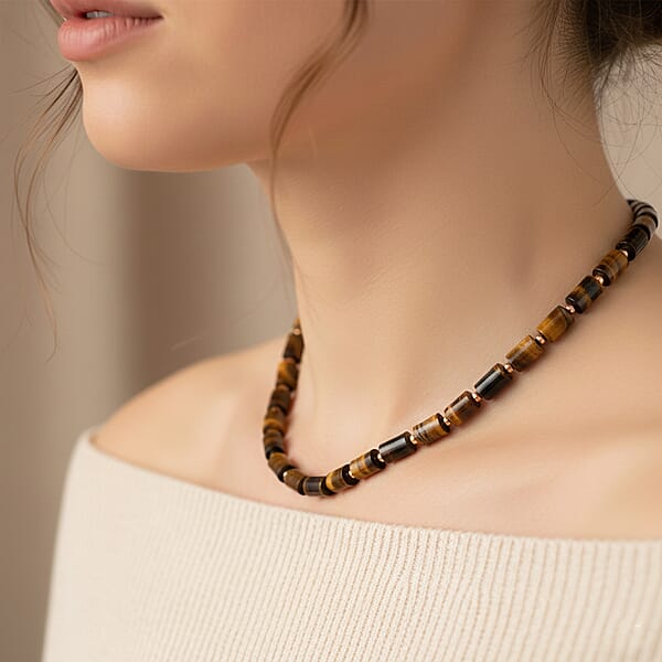 Yellow Tigers Eye 204.00 Ctw Necklace In Goldtone 18-20 Inches